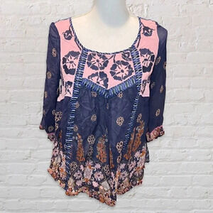 Anthropologie Floreat Navy Light Pink Blouse Size Small